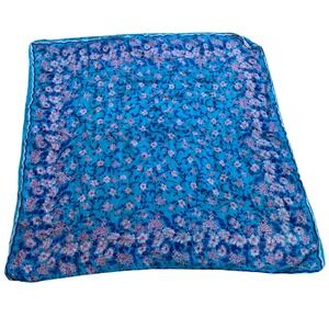 Vintage Blue Silk Pink Cherry Blossom Floral Square Scarf Wrap Lightweight